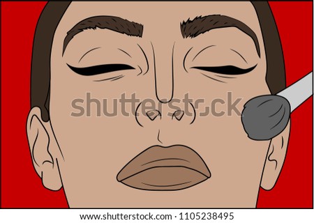 vector illustration. Pop art makeup. Closeup of sexy girl use the blush.  Cosmetics appliying on female face.