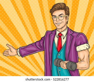 Vector illustration of a pop art man invites you to the opening sports club