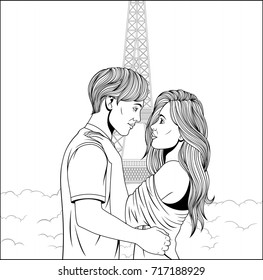 Vector illustration, pop art man and girl embrace, declaration of love in Paris