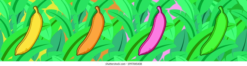 vector illustration of pop art pattern with 4 color banana objects, banana leaves as background