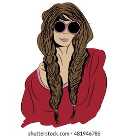 vector illustration pop art portrait of a girl hippie wearing glasses