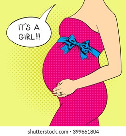 Vector illustration of pop art pregnant young woman. Concept of maternity. Speech bubble and the words "It's a girl" inside. Design for greeting card.