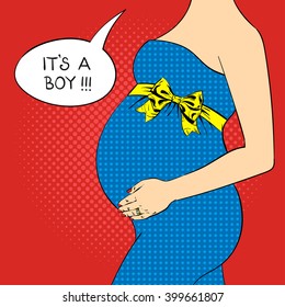 Vector illustration of pop art pregnant young woman. Concept of maternity. Speech bubble and the words "It's a boy" inside. Design for greeting card.