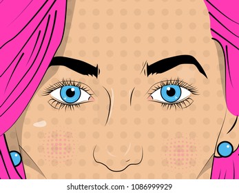 Vector illustration of pop art retro comic style. Eyes of a beautiful girl, women