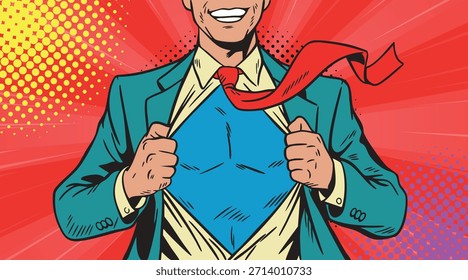 Ilustración vectorial en estilo retro de arte pop que representa a un empresario superhéroe rasgando su camisa