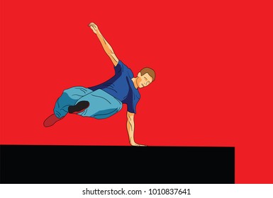 Vector illustration of pop art style. Parkour. The man is jumping through the obstacle. Sport activity. Healthy lifestyle.
