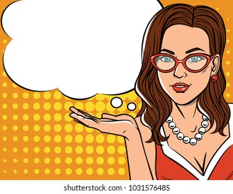 Vector illustration in pop art style of woman showing something. Fashionable woman holding her hand up over halftone dot background