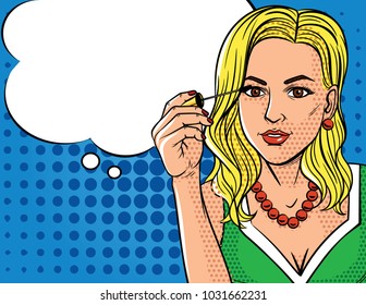 Vector illustration in pop art style of womens doing makeup. Fashionable woman holding mascara brush in her hand 