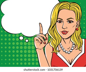Vector illustration in pop art style of womens pointing finger up. Fashionable girl showing direction up
