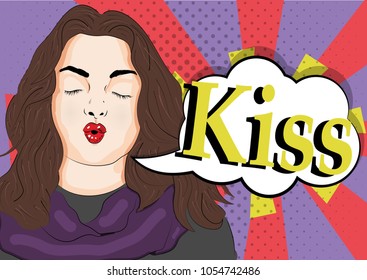 Vector illustration of pop art style. Beautiful girl with pouting lips. Kiss. 