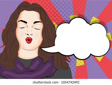 Vector illustration of pop art style. Beautiful girl with pouting lips. Kiss. 