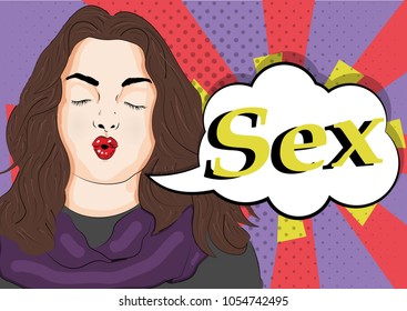 Imagen vectorial del estilo de arte pop. Hermosa chica con labios de pulido. Beso. sexo