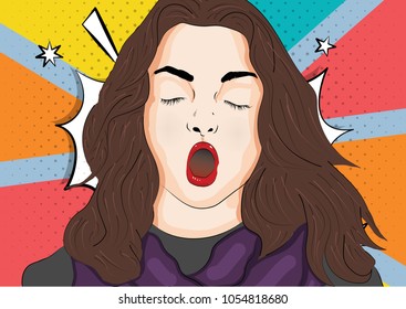 Vector illustration of pop art style. Beautiful and sexy girl with open mouth and closed eyes.
