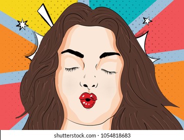 Vector illustration of pop art style. Beautiful and sexy girl with open mouth and closed eyes.