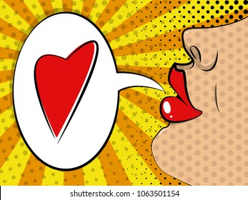 Vector illustration of pop art style. Part of the face of a young woman with lips and nose.