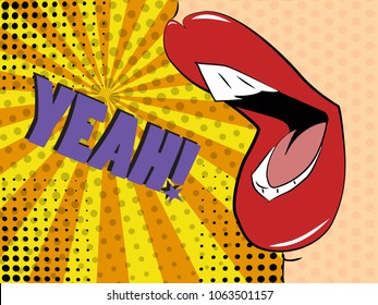 Vector illustration of pop art style. sexy lips young girl talking yeah