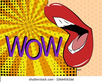 Vector illustration of pop art style. Sexy mouth says wow