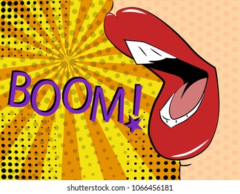 Vector illustration of pop art style. Sexy mouth says boom