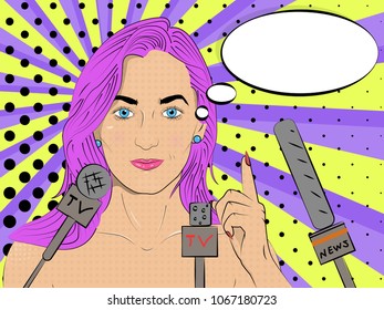 Vector illustration of pop art style. A beautiful and sexy girl answers questions to reporters.
