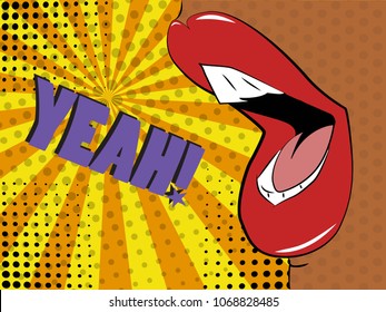 Vector illustration of pop art style. Sexy mouth of an African girl. Vector colorful background in pop art retro comic style.