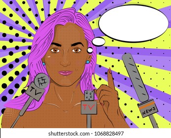 Vector illustration of pop art style. Young and sexy African girl. Vector colorful background in pop art retro comic style.