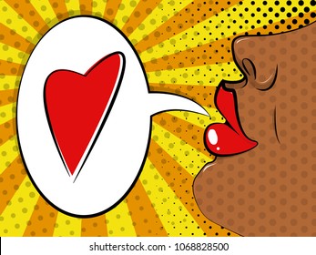 Vector illustration of pop art style. Sexy mouth of an African girl. Vector colorful background in pop art retro comic style.