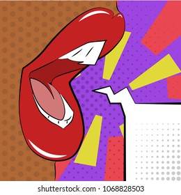 Vector illustration of pop art style. Sexy mouth of an African girl. Vector colorful background in pop art retro comic style.