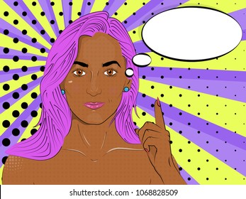 Vector illustration of pop art style. Young and sexy African girl. Vector colorful background in pop art retro comic style.