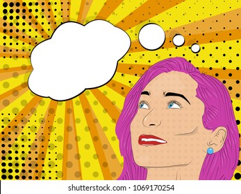 Vector illustration of pop art style. The girl is looking up. He looks at his thoughts with joy. Vector colorful background in pop art retro comic style.