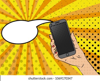 Vector illustration of pop art style. A smartphone in a woman's hand. Vector colorful background in pop art retro comic style.