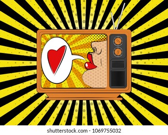 Vector illustration of pop art style. The girl is looking up. The TV on the screen shows the lips of a young girl who says something. Vector colorful background in pop art retro comic style.
