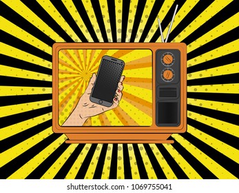 Vector illustration of pop art style. The girl is looking up. TV on the screen which shows the phone. Vector colorful background in pop art retro comic style.