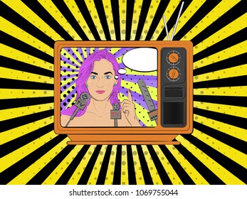 Vector illustration of pop art style. The girl is looking up. The TV on the screen shows a young and beautiful girl who gives an interest. Vector colorful background in pop art retro comic style.