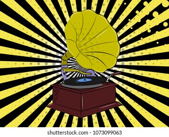 Vector illustration of pop art style. Old retro gramophone. Vector colorful background in pop art retro comic style.