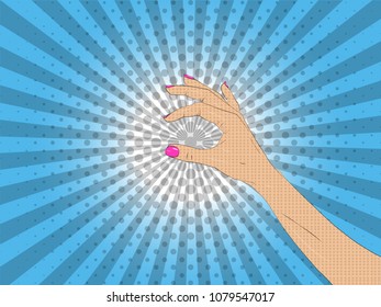 Vector illustration of pop art style. Vector colorful background in pop art retro comic style. A woman's hand that can hold something
