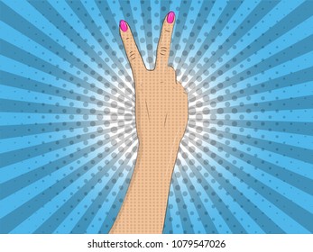 Vector illustration of pop art style. Vector colorful background in pop art retro comic style. Female hand shows a peace sign or two fingers