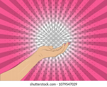 Vector illustration of pop art style. Vector colorful background in pop art retro comic style. A woman's hand that can show or represent something

