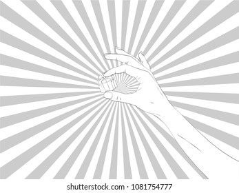 Vector illustration of pop art style. Vector background in pop art retro comic style. black and white. A woman's hand holds a small gift