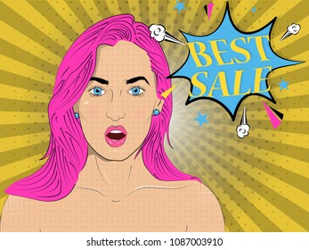 Vector illustration of pop art style. Vector colorful background in pop art retro comic style. Beautiful, and surprised young woman with open mouth. Inscription best sale