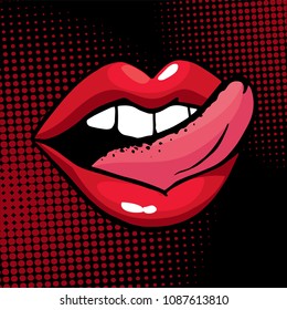 Vector illustration of pop art style. The face of a passionate woman with a naked large breast and stickers with hearts on nipples. The tongue is licking plump red lips.
