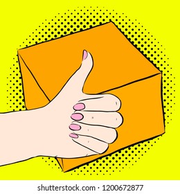 Vector illustration in pop art style. Thumb up and box on retro background. Clipart.