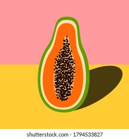 Vector illustration in pop art style of ripe juicy halved papaya on duotone pink yellow background with drop shadow from sunlight. Summer tropical fruits vitamins concept