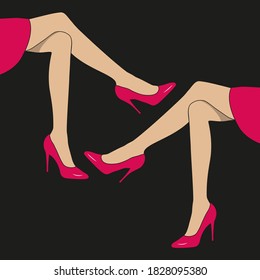 Vector illustration in pop art style. Female feet in shoes on black background. Legs from under the skirt. Simple stock illustration.