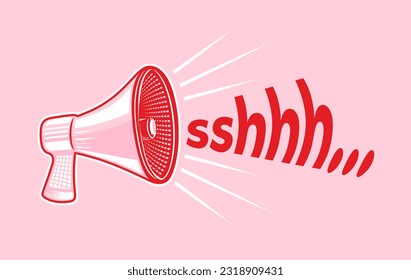 Vector Illustration in Pop Art Style, Red Pink Megaphone and "sshhh" Lettering Isolated on a Pastel Pink Background. Simple Modern Print ideal for Wall Art, Poster, Room Decoration. Retro Bullhorn.