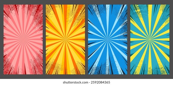 Vector illustration. Pop art style striped vertical background with halftone dots. Retro comic empty colorful wallpapers set.  Design element for flyer, coupon, voucher, leaflet