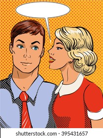 Vector illustration in pop art style. Woman telling secret to man. Retro comic. Gossip and rumors talks.