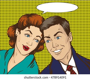 Vector illustration in pop art style. Woman and man talk to each other. Retro comic. Gossip and rumors talks.