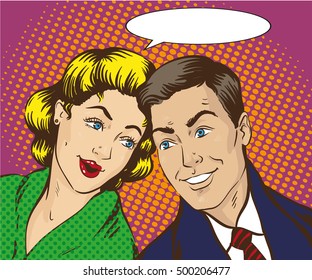 Vector illustration in pop art style. Woman and man talk to each other. Retro comic. Gossip and rumors talks.