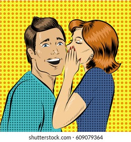 Vector illustration in pop art style woman whisper to a man