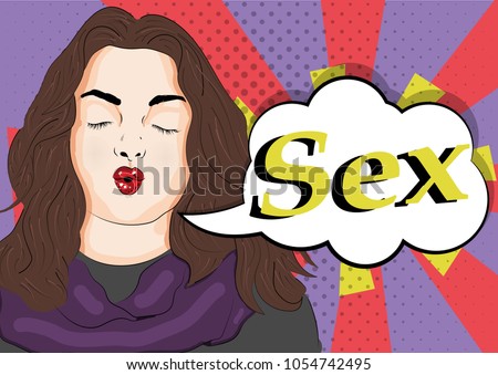 Vector illustration of pop art style. Beautiful girl with pouting lips. Kiss. sex
